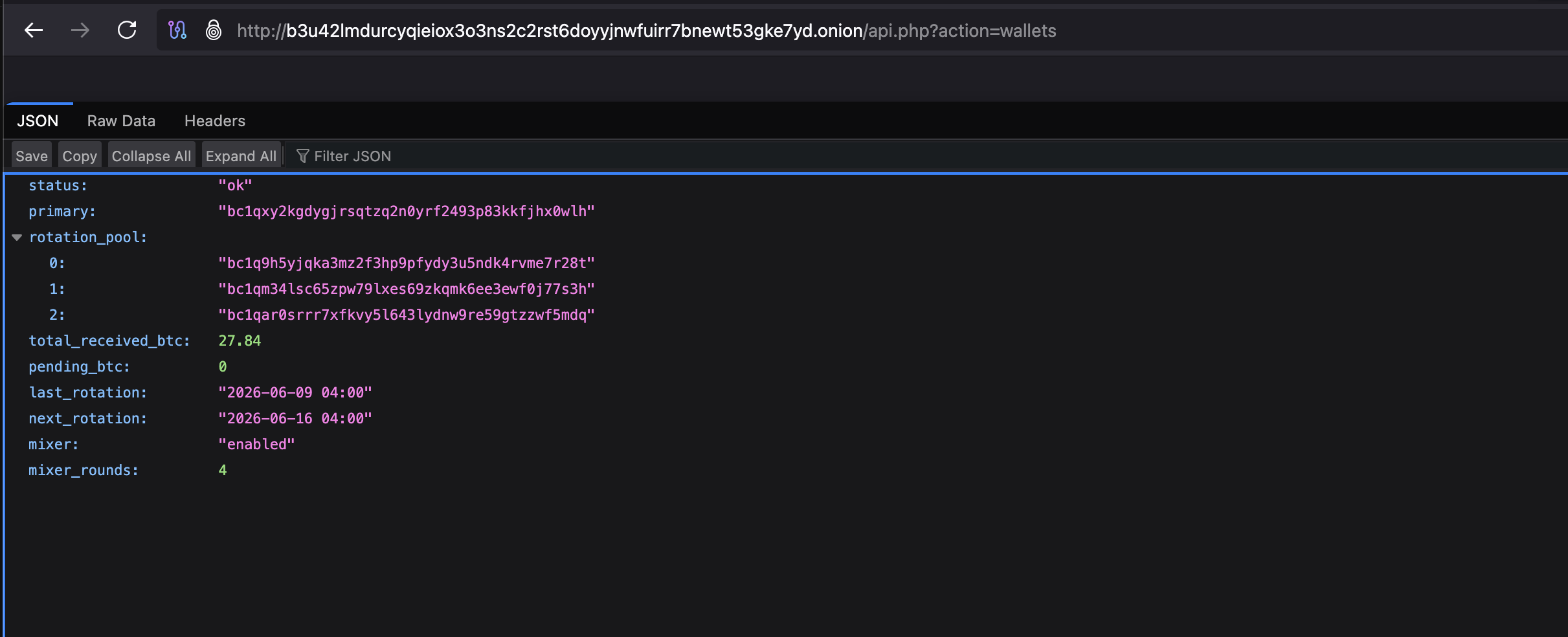 Wallets API response exposing Bitcoin wallet and rotation data